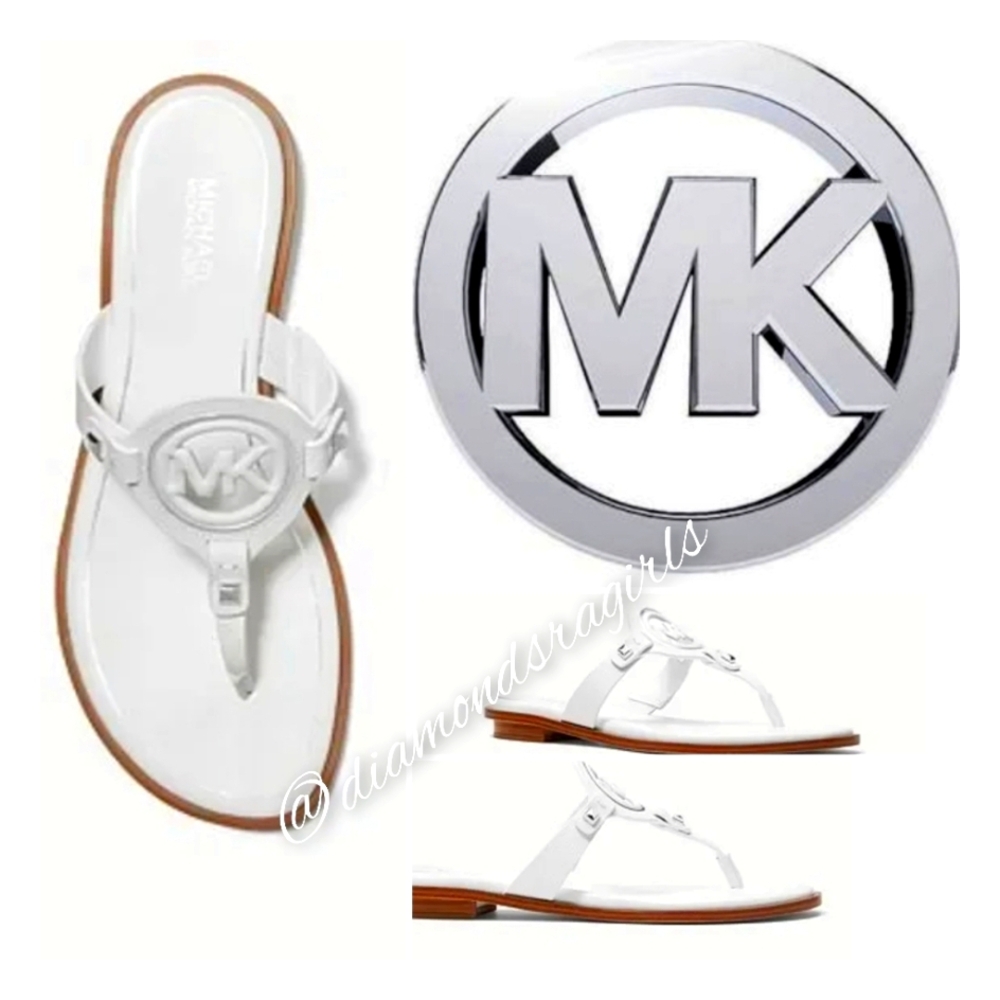 Michael Kors Aubrey Cutout Thong Slides Sandals Optic White Leather EUC